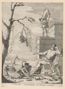 Treurende filosoof omgeven door vanitas symboliek