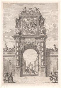 Triomfboog bij de Pont Notre Dame te Parijs met een schilderij van Venus en Mars