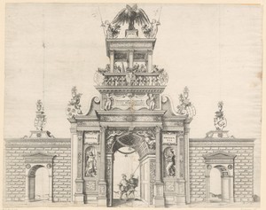Triomfboog opgericht voor de intocht van keizer Maximiliaan II in Neurenberg in 1570