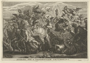 Triomfwagen met de Kerk die de eucharistie verheerlijkt
