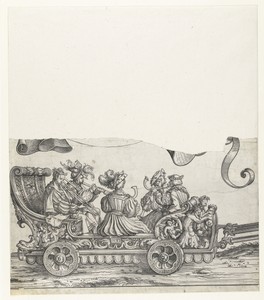 Triomfwagen met musici die spelen op blaasinstrumenten