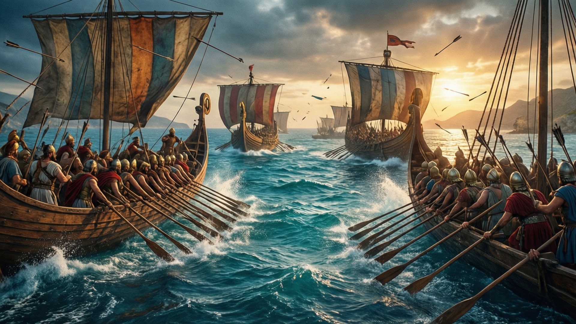 Trireme Clash on the Aegean by Wallpapers.art Studio