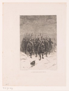 Troep soldaten, voorafgegaan door een hond, in de sneeuw