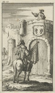Trompetter te paard voor een gesloten vestingpoort
