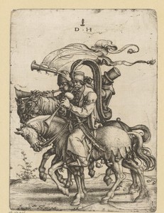 Trompettist en twee hoboïsten te paard