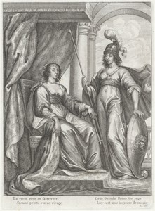Tronende Henrietta Maria van Bourbon, koningin van Engeland
