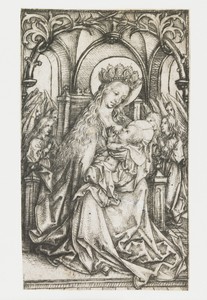 Tronende Madonna door engelen aanbeden