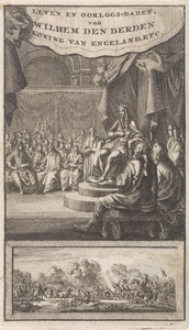 Tronende Willem III in het parlement
