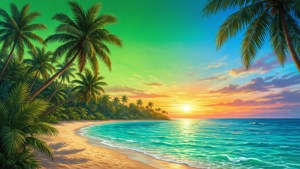 Tropical Beach Green Sky