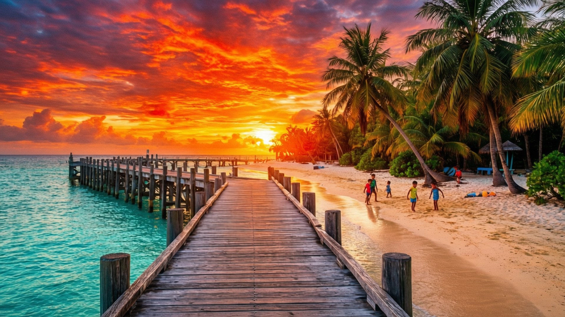 Tropical Pier Sunset by Wallpapers.art Studio