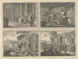 Tsaar Fedor Borissowitz sterft vergiftigd in de gevangenis, 1605 / Philips II, koning van Spanje wordt opgenomen in de hut van een arme boer, ca. 1560 / Wirich von Daun, graaf van Falkenstein, bij een watermolen door Spanjaarden vermoord, 1598 / Monniken uit een klooster nabij Linz worden in de Boerenoorlog aan de muren van hun klooster opgehangen, 1596