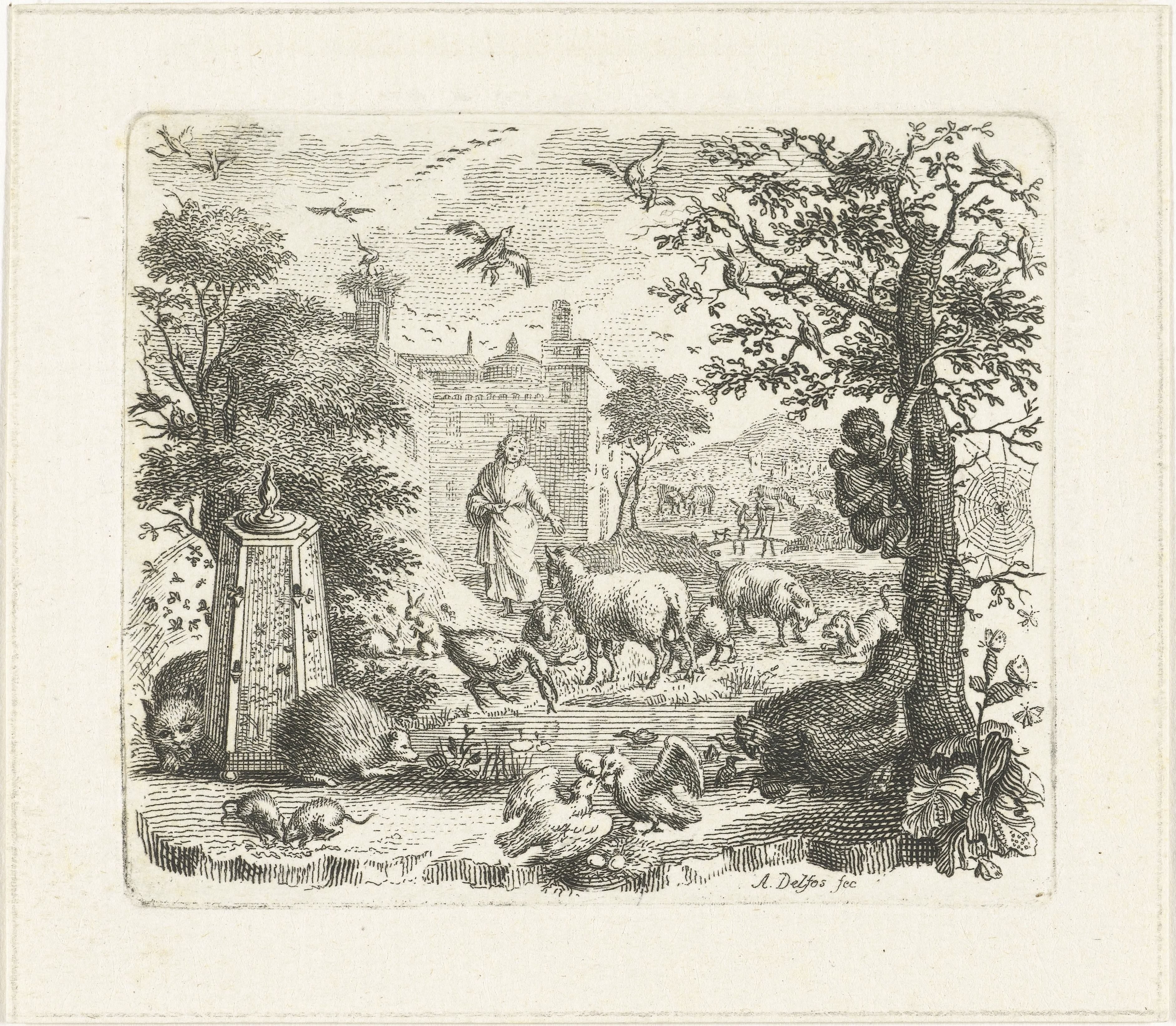 Tuin met man en dieren by Abraham Delfos