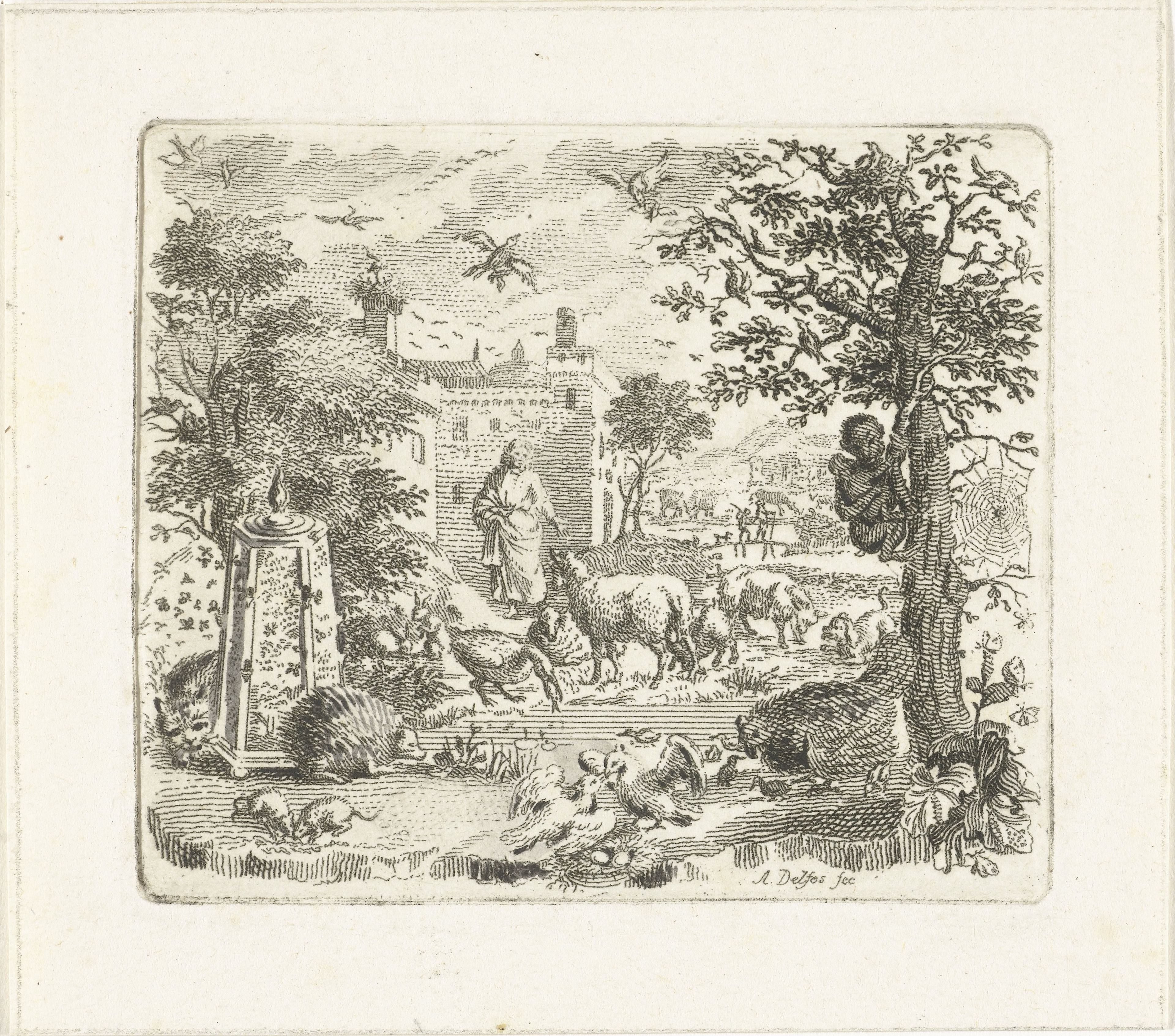 Tuin met man en dieren by Abraham Delfos