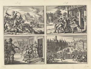 Turkse wreedheden in het gebied rond Venetië, 1614 / Huizen van contraremonstranten te Schoonhoven worden aangevallen en met vuil besmeurd, 1617 / Prins Maurits op de Neude te Utrecht beveelt de Waardgelders hun wapens neer te leggen, 1618 / Breestraat te Leiden door Waardgelders bezet, 1618