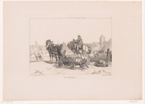 Twee arbeiders met wagen en paarden aan de boulevard