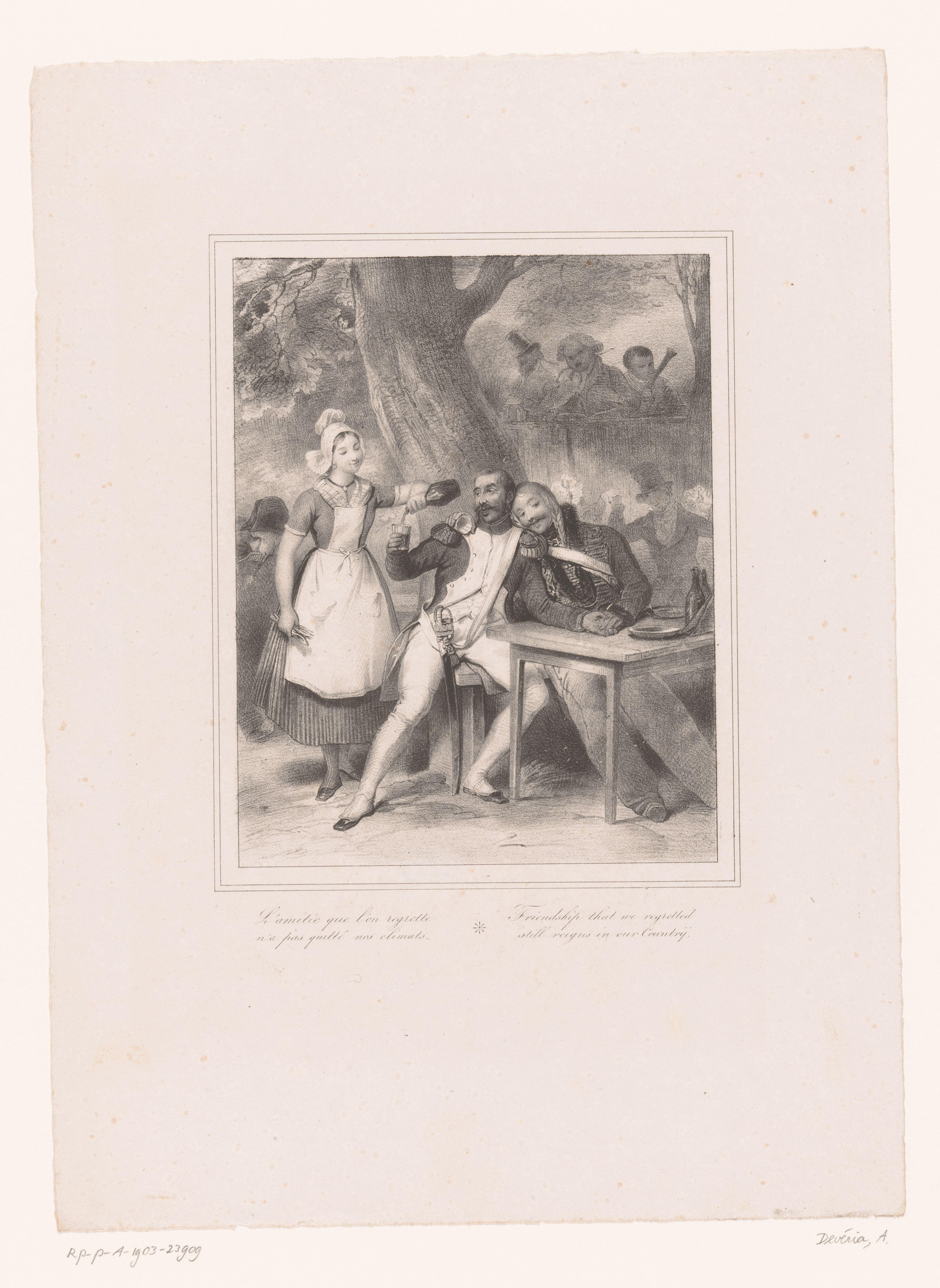 Twee bevriende soldaten met een serveerster by Achille Devéria