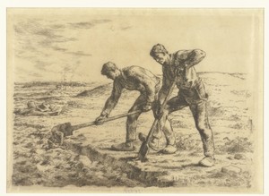 Twee boeren spitten de grond van een akker om