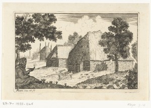 Twee boerenhuizen met een pijp rokende man