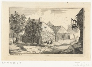 Twee boerenhuizen met een slapende man