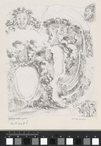 Twee cartouches en drie groteske maskers