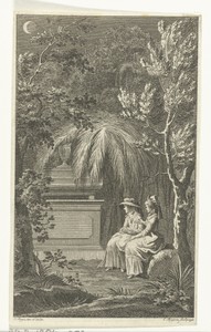 Twee dames op een kerkhof bij een graftombe