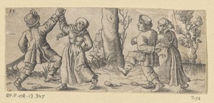 Twee dansende boerenparen, bomen in de achtergrond