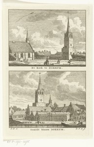 Twee dorpsgezichten met kerk en kerktoren te Dokkum