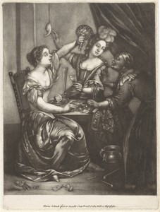 Twee drinkende vrouwen en een oude vrouw