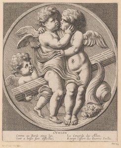 Twee elkaar omhelzende putti met hoorn des overvloeds