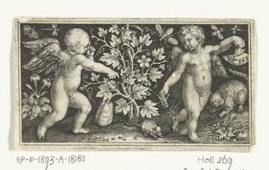 Twee engeltjes aan weerszijden van kalebasplant