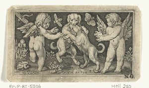 Twee engeltjes aan weerszijden van twee spelende honden