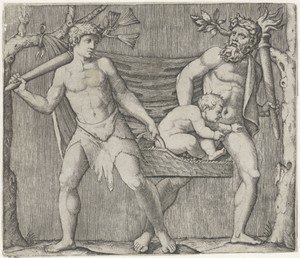 Twee fauns dragen een kind in een mand