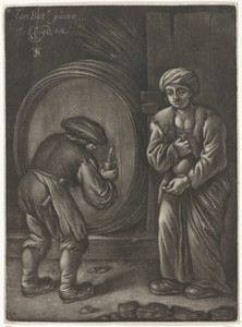 Twee figuren bij een wijnvat