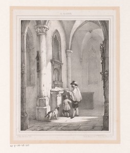 Twee figuren bij grafmonument in een kerk