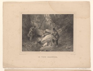 Twee figuren en een jager met hond in een bos