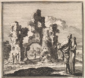 Twee figuren kijken naar de ruïne van een kasteel