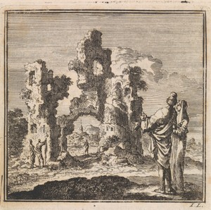 Twee figuren kijken naar de ruïne van een kasteel