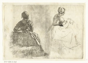 Twee figuurstudies van boerin zittend op hooibaal