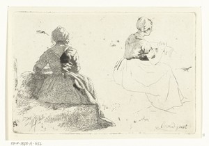 Twee figuurstudies van boerin zittend op hooibaal