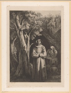Twee Franciscaner monniken voor een grot