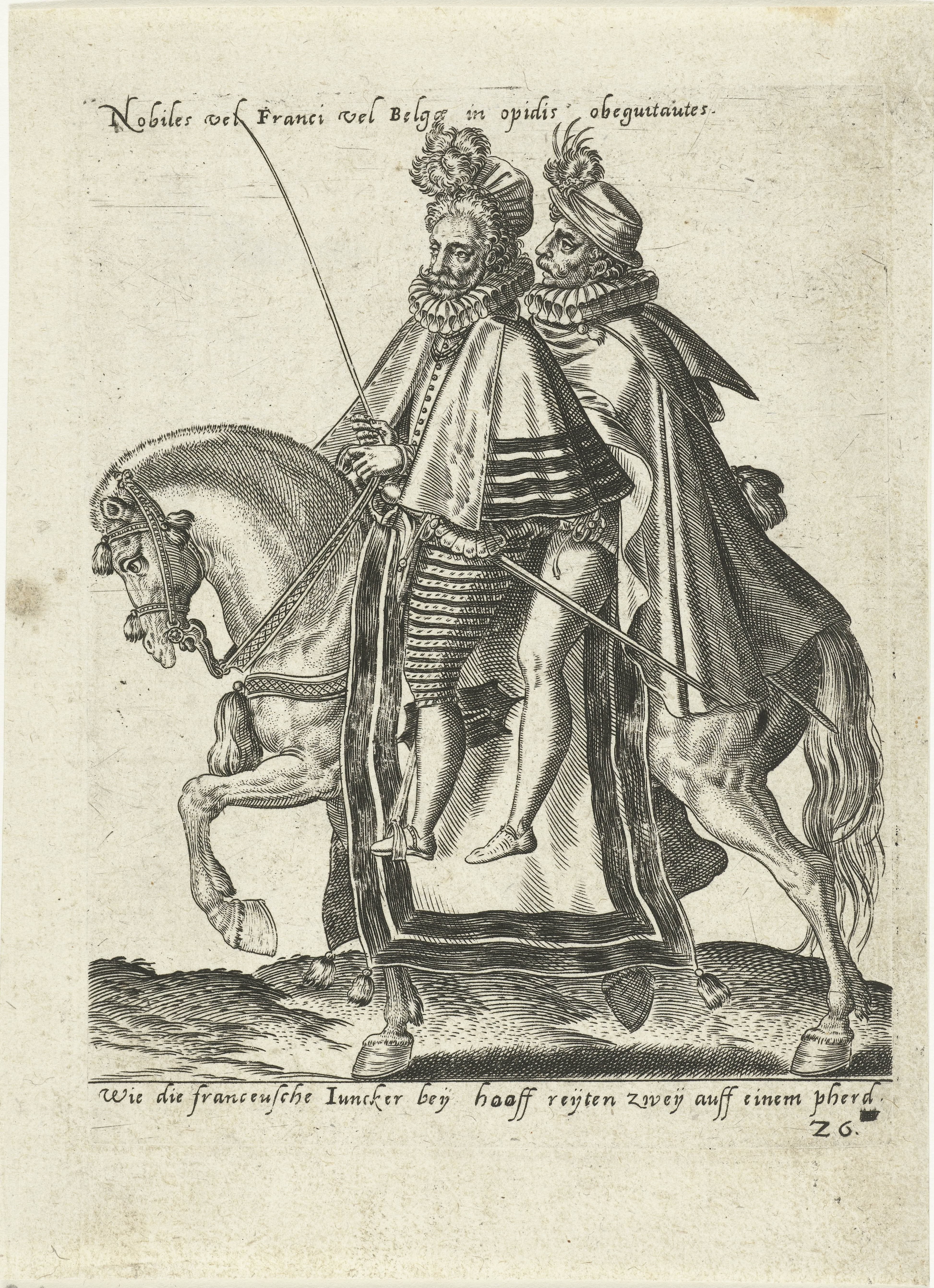 Twee Franse jonkers op een paard by Abraham de Bruyn