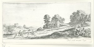 Twee galopperende ruiters in een landschap