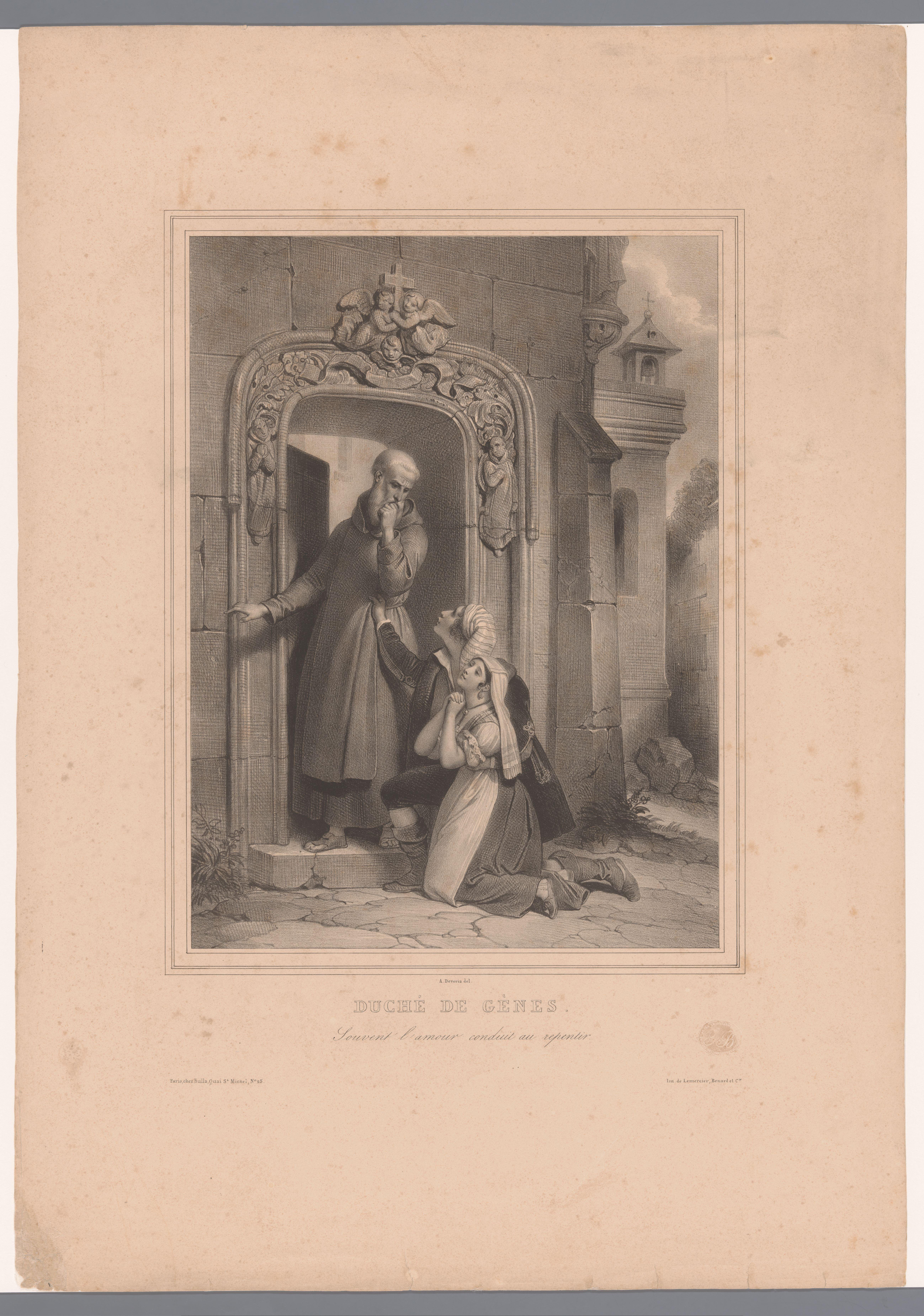 Twee geliefden uit Genua kloppen aan bij de kerk by Achille Devéria
