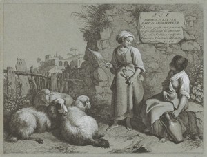 Twee herderinnen met drie schapen
