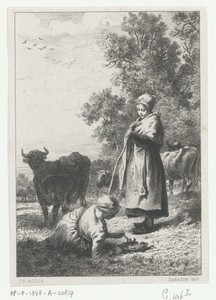 Twee herderinnen met kudde koeien