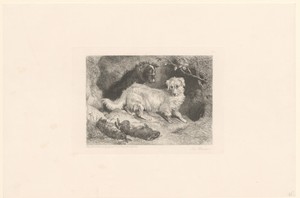 Twee honden bij twee dode hazen