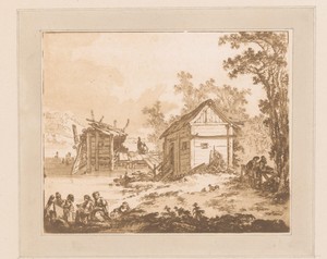 Twee hutten aan een steiger met vissers en andere figuren