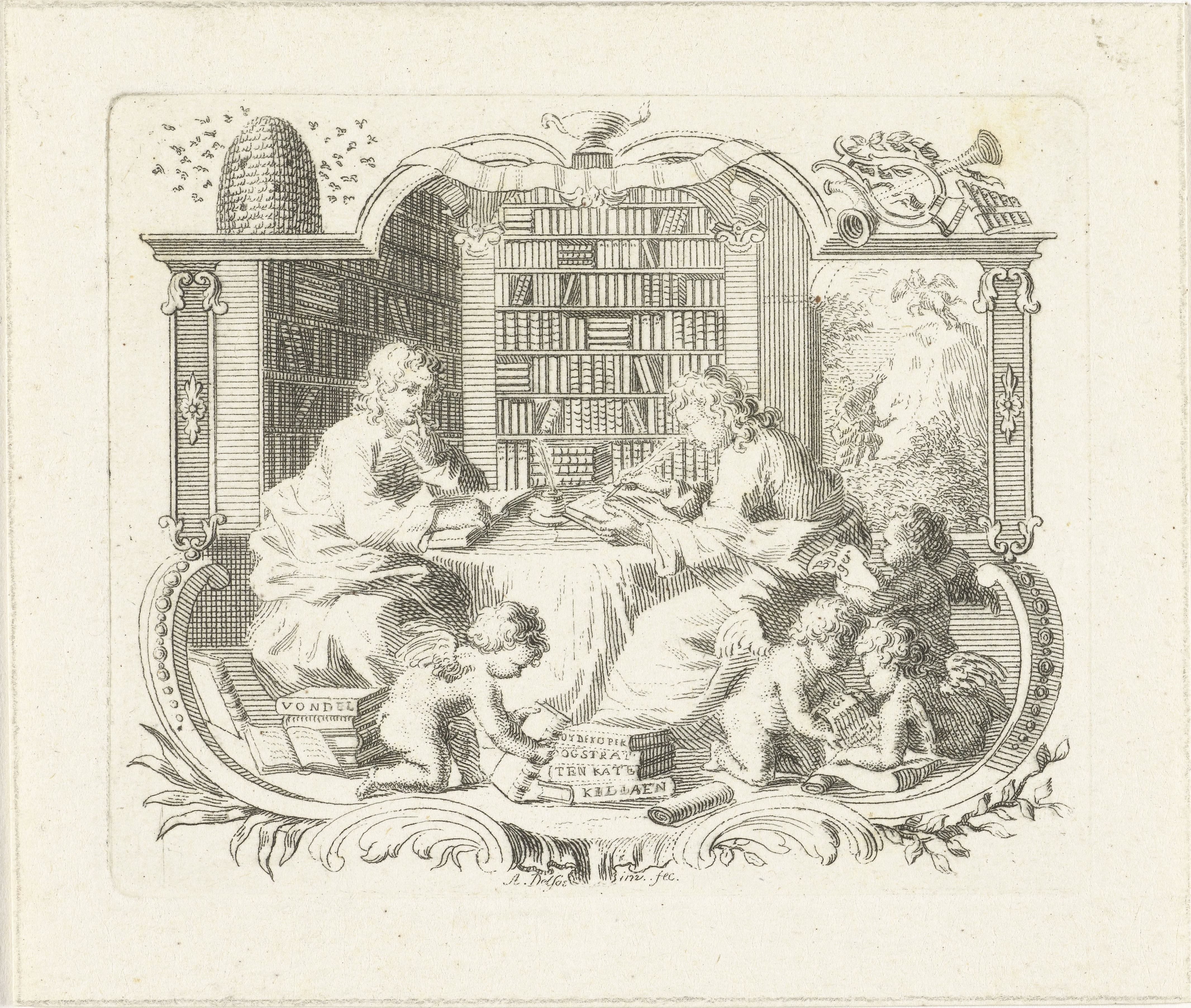 Twee jonge geleerden in een bibliotheek, in cartouche by Abraham Delfos