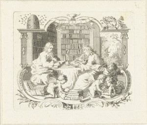 Twee jonge geleerden in een bibliotheek, in cartouche