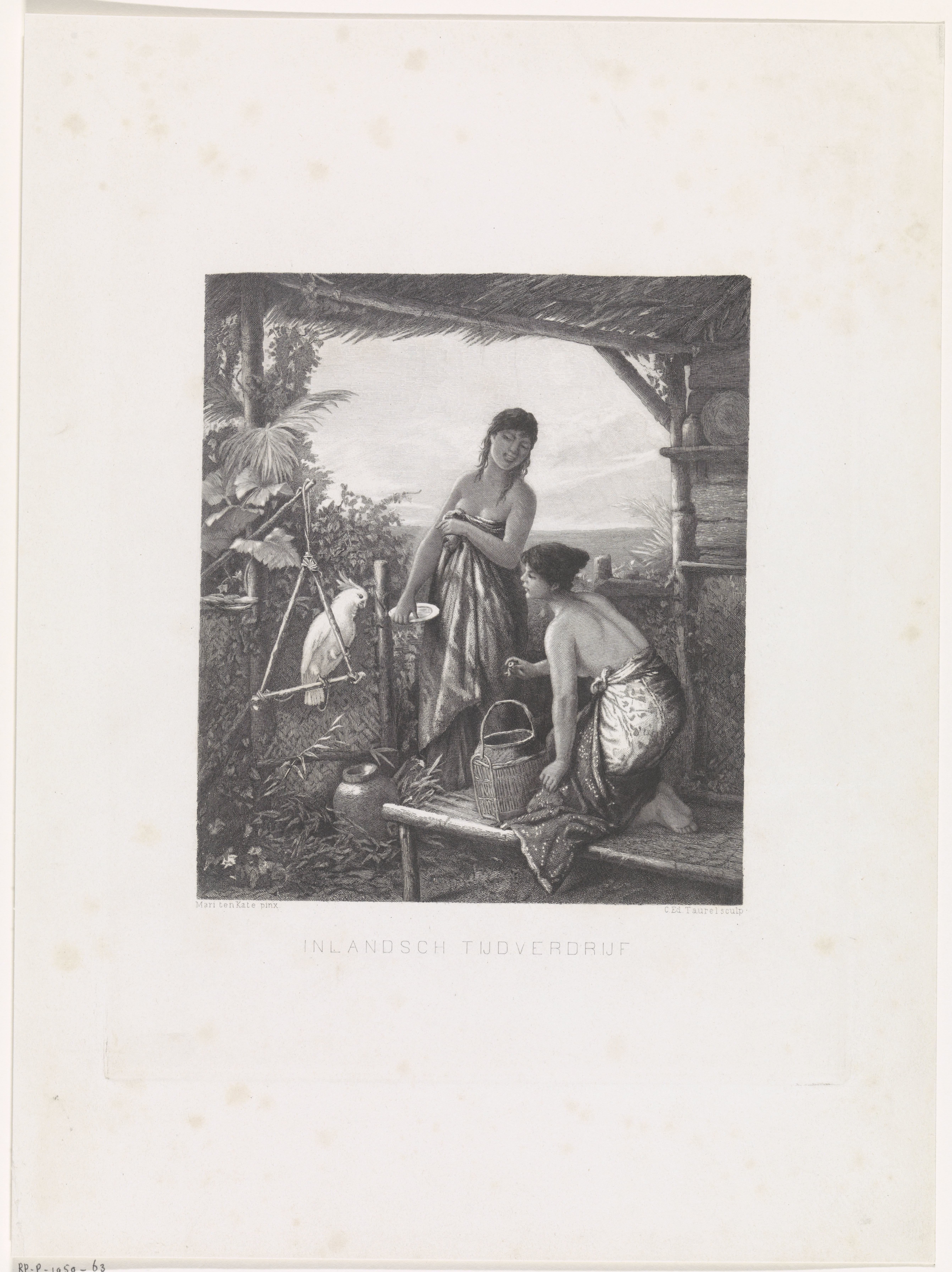 Twee jonge Indonesische vrouwen bij een papegaai by Edouard Taurel